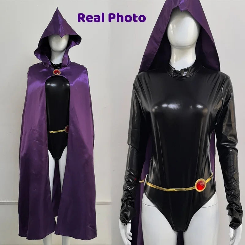 Raven Cosplay – Teen Titans Uniform Feminino com Capa Roxa e Cinto Decorado