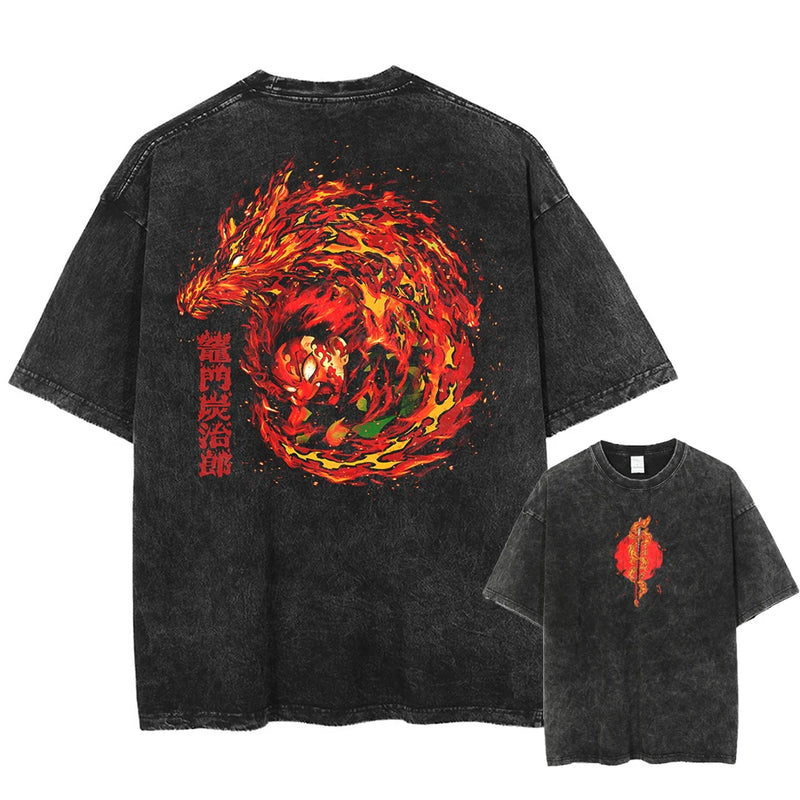 Camiseta Masculina Oversized Demon Slayer Rengoku Kyoujurou Estilo Harajuku Vintage