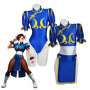 Street Fighter Chun-Li Cosplay Costume – Vestido Azul com Acessórios Feminino