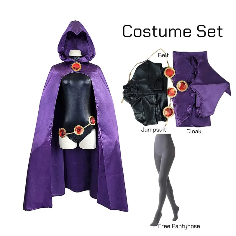 Raven Cosplay – Teen Titans Uniform Feminino com Capa Roxa e Cinto Decorado