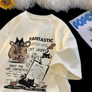 Camiseta Oversized Unissex Estilo Coreano Gato Cartoon Casal
