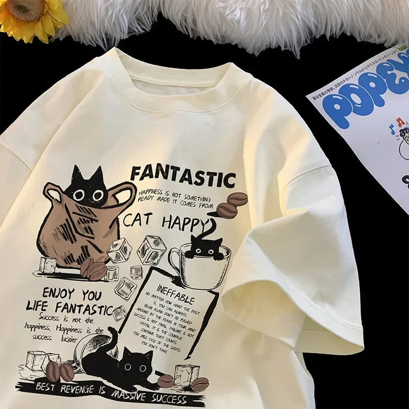 Camiseta Oversized Unissex Estilo Coreano Gato Cartoon Casal