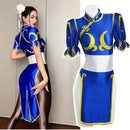 Street Fighter Chun-Li Cosplay Costume – Vestido Azul com Acessórios Feminino
