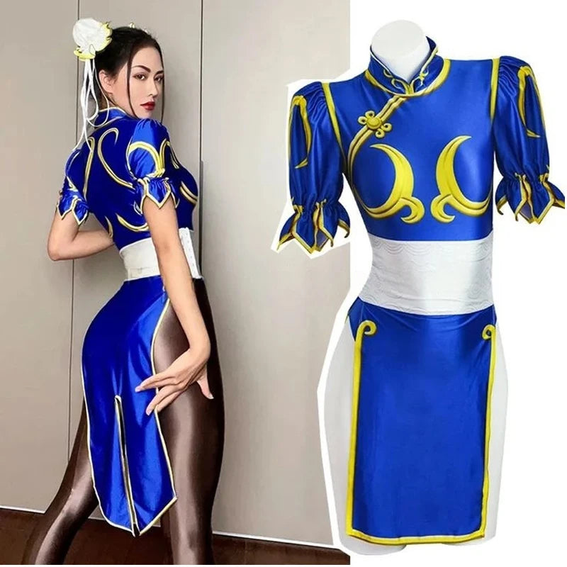 Street Fighter Chun-Li Cosplay Costume – Vestido Azul com Acessórios Feminino