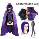 Raven Cosplay – Teen Titans Uniform Feminino com Capa Roxa e Cinto Decorado
