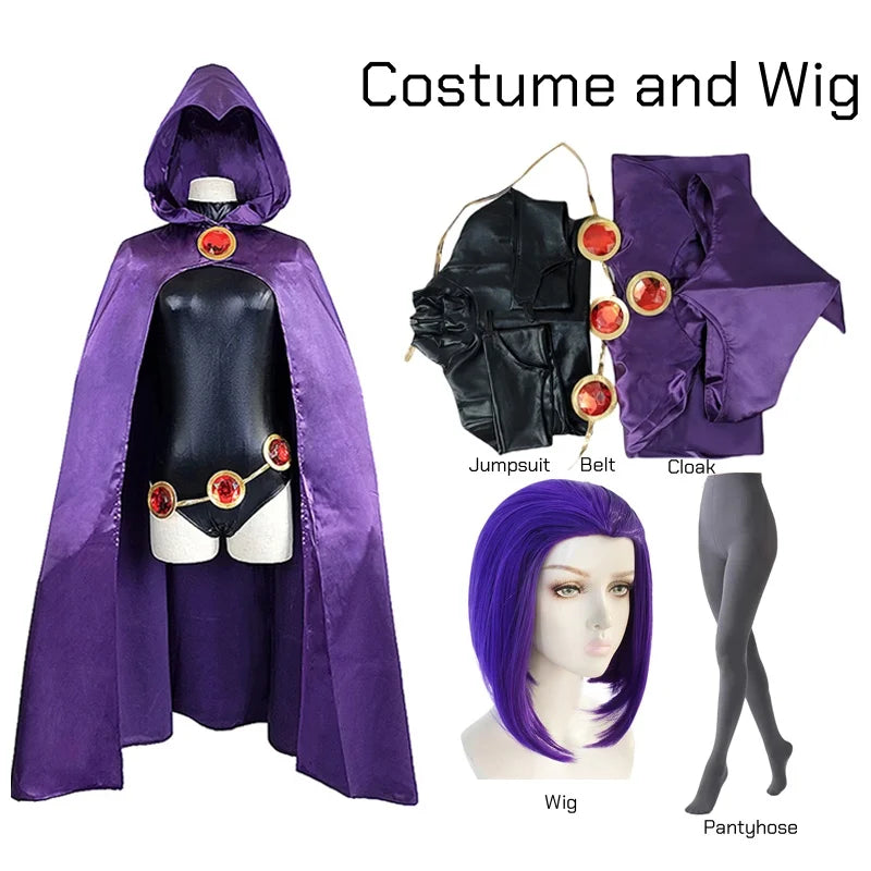 Raven Cosplay – Teen Titans Uniform Feminino com Capa Roxa e Cinto Decorado