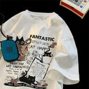 Camiseta Oversized Unissex Estilo Coreano Gato Cartoon Casal