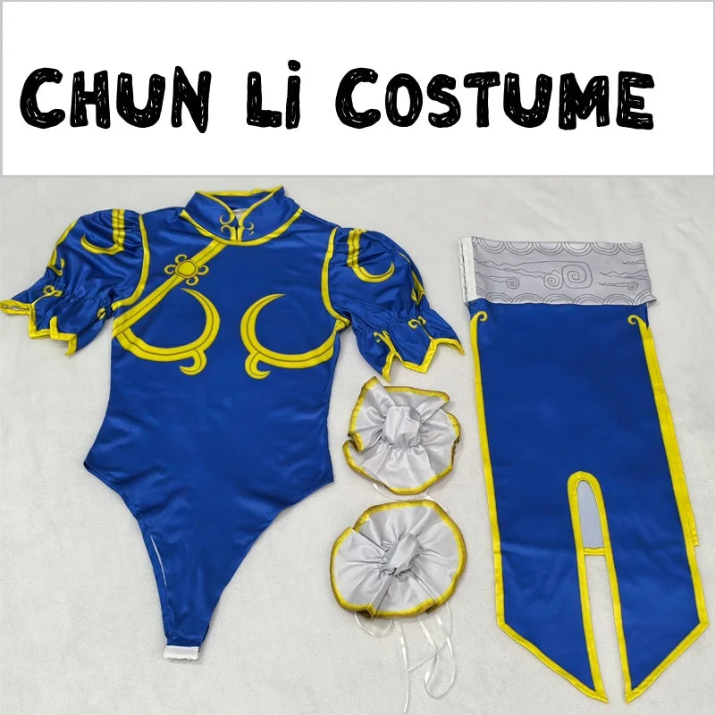 Street Fighter Chun-Li Cosplay Costume – Vestido Azul com Acessórios Feminino