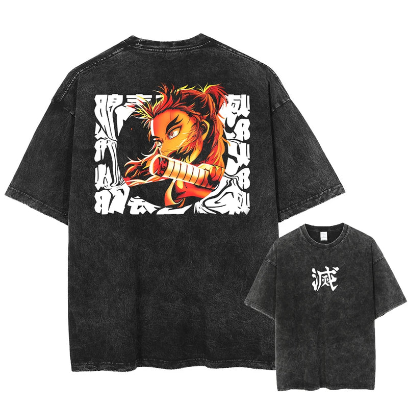 Camiseta Masculina Oversized Demon Slayer Rengoku Kyoujurou Estilo Harajuku Vintage