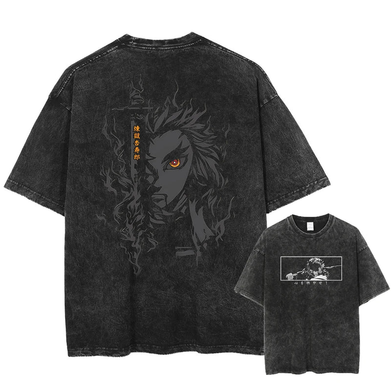 Camiseta Masculina Oversized Demon Slayer Rengoku Kyoujurou Estilo Harajuku Vintage