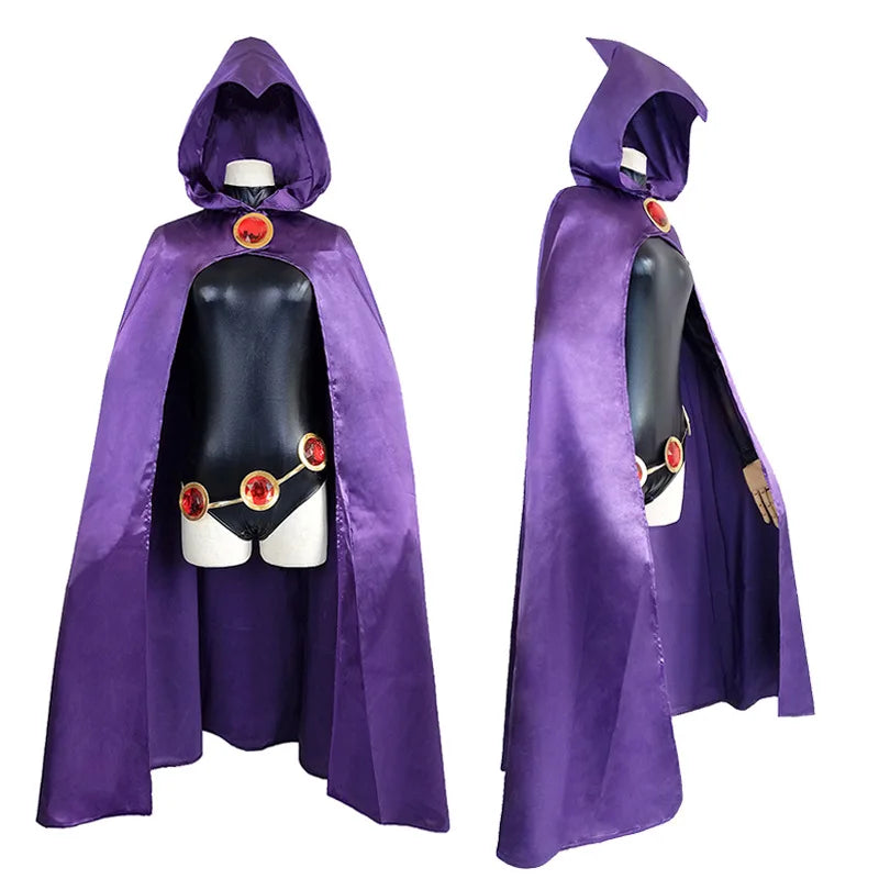 Raven Cosplay – Teen Titans Uniform Feminino com Capa Roxa e Cinto Decorado