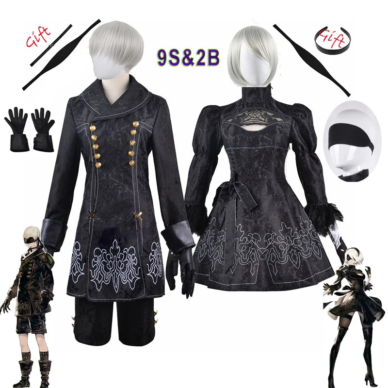 👗 Cosplay Nier Automata 2B & 9S — Traje Completo com Peruca 🎭