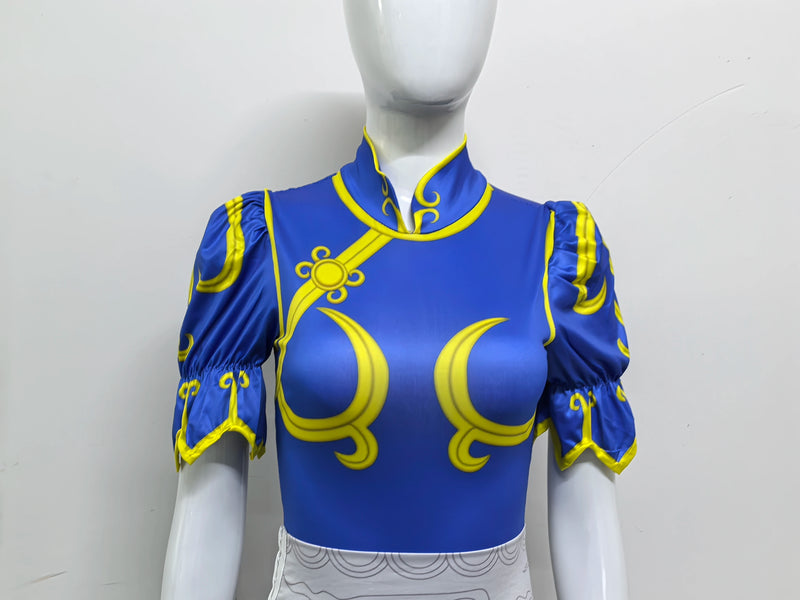 Street Fighter Chun-Li Cosplay Costume – Vestido Azul com Acessórios Feminino