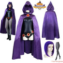 Raven Cosplay – Teen Titans Uniform Feminino com Capa Roxa e Cinto Decorado