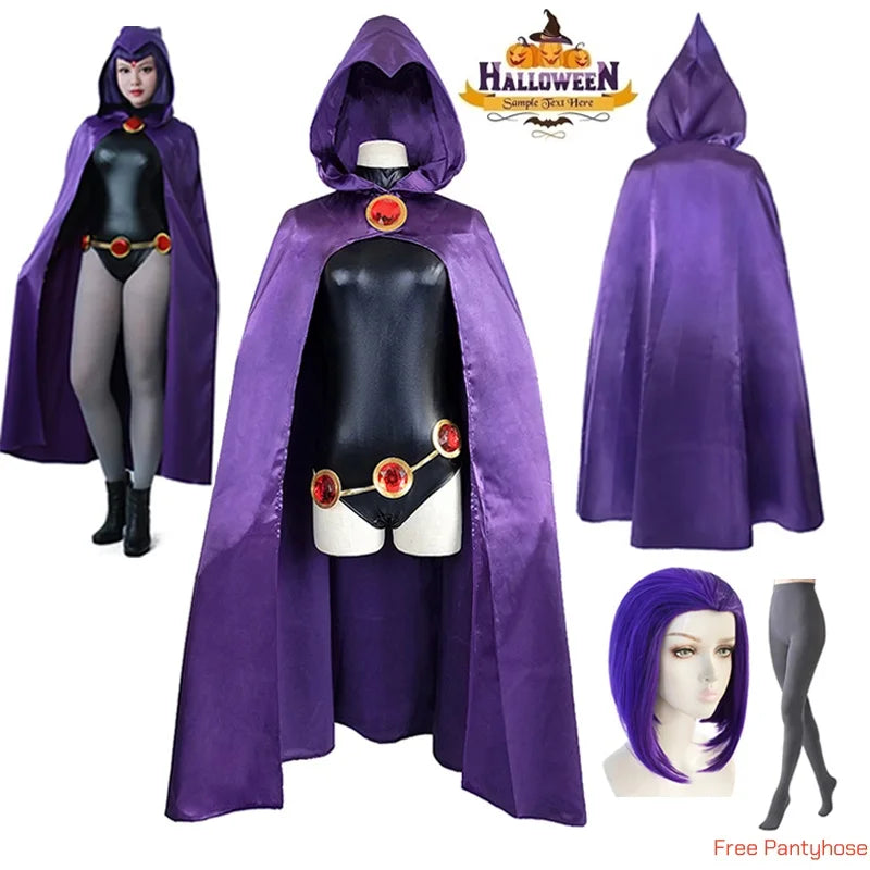 Raven Cosplay – Teen Titans Uniform Feminino com Capa Roxa e Cinto Decorado
