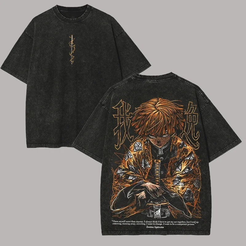 Camiseta Oversized Demon Slayer Zenitsu Estilo Vintage Manga Print Unissex