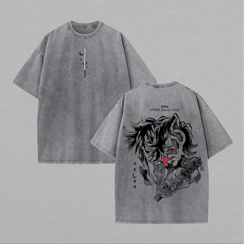 Camiseta Oversized Demon Slayer Kokushibo Estilo Vintage Manga Print Unissex