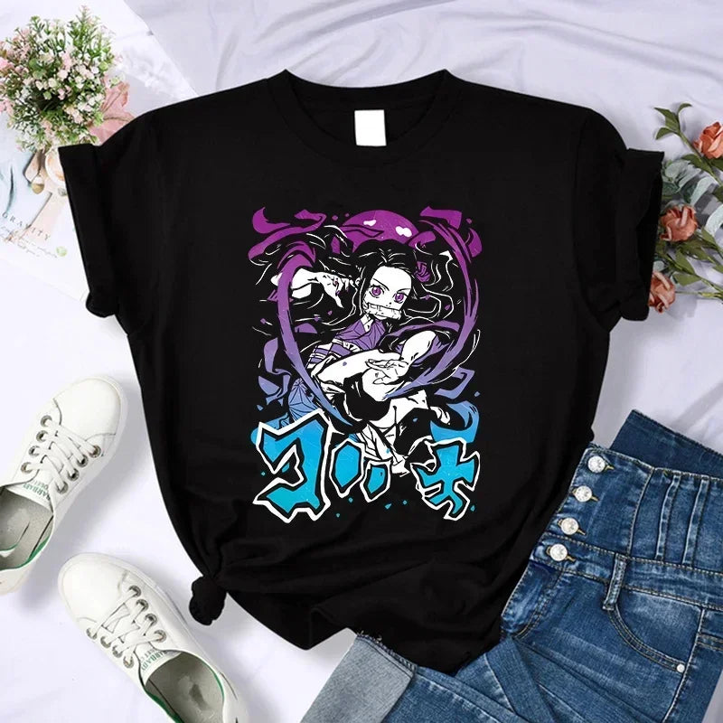 Camiseta Feminina Demon Slayer Nezuko & Tanjirou Estilo Manga Anime