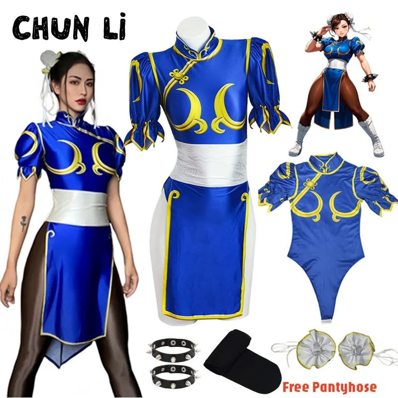 Street Fighter Chun-Li Cosplay Costume – Vestido Azul com Acessórios Feminino