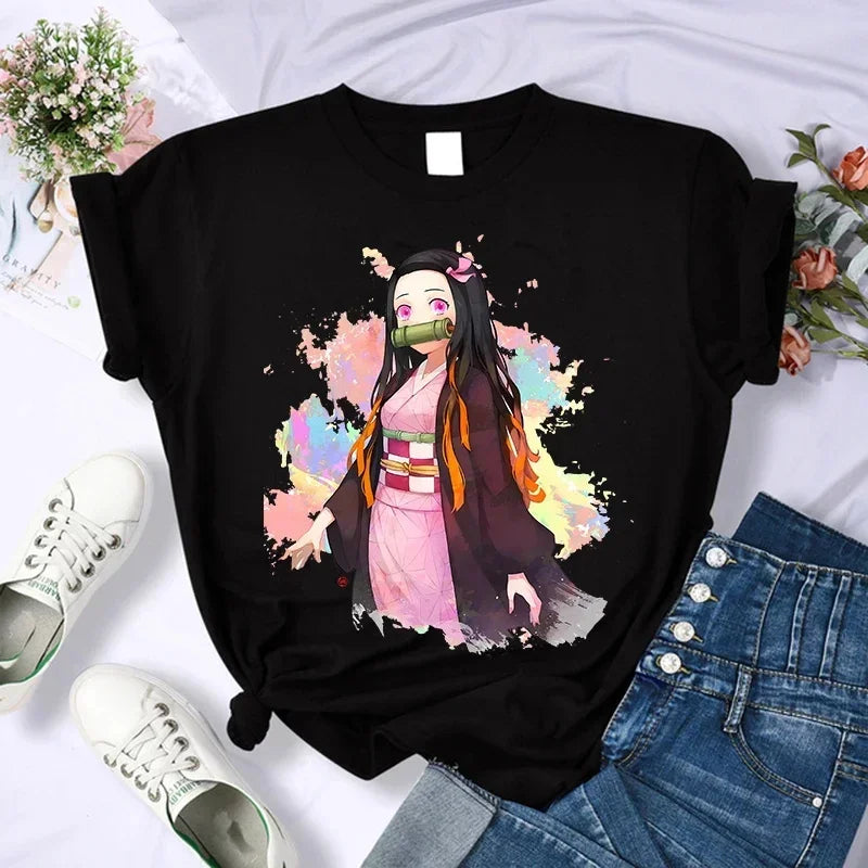 Camiseta Feminina Demon Slayer Nezuko & Tanjirou Estilo Manga Anime