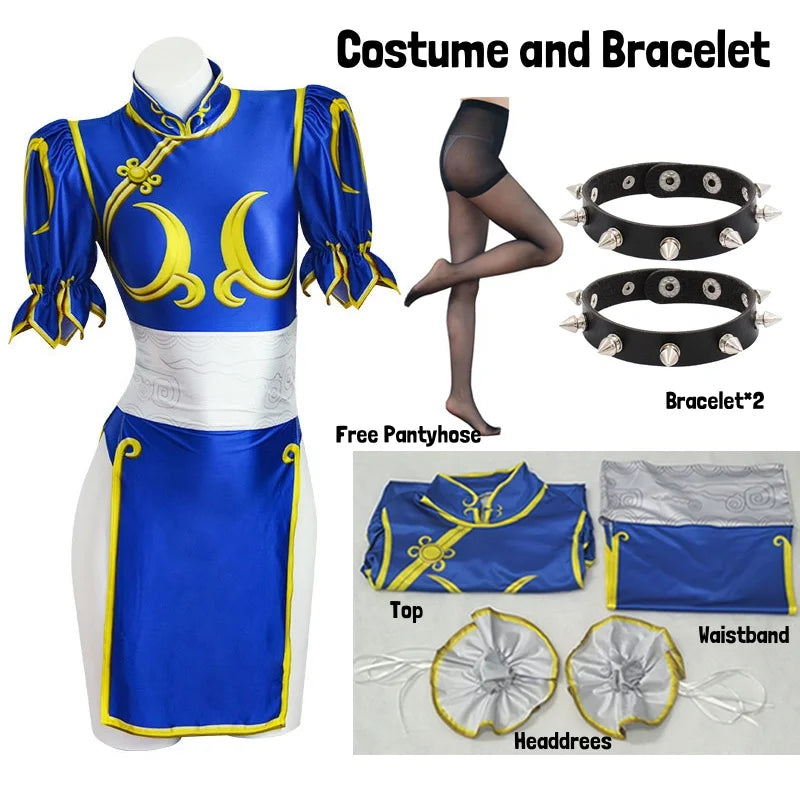 Street Fighter Chun-Li Cosplay Costume – Vestido Azul com Acessórios Feminino