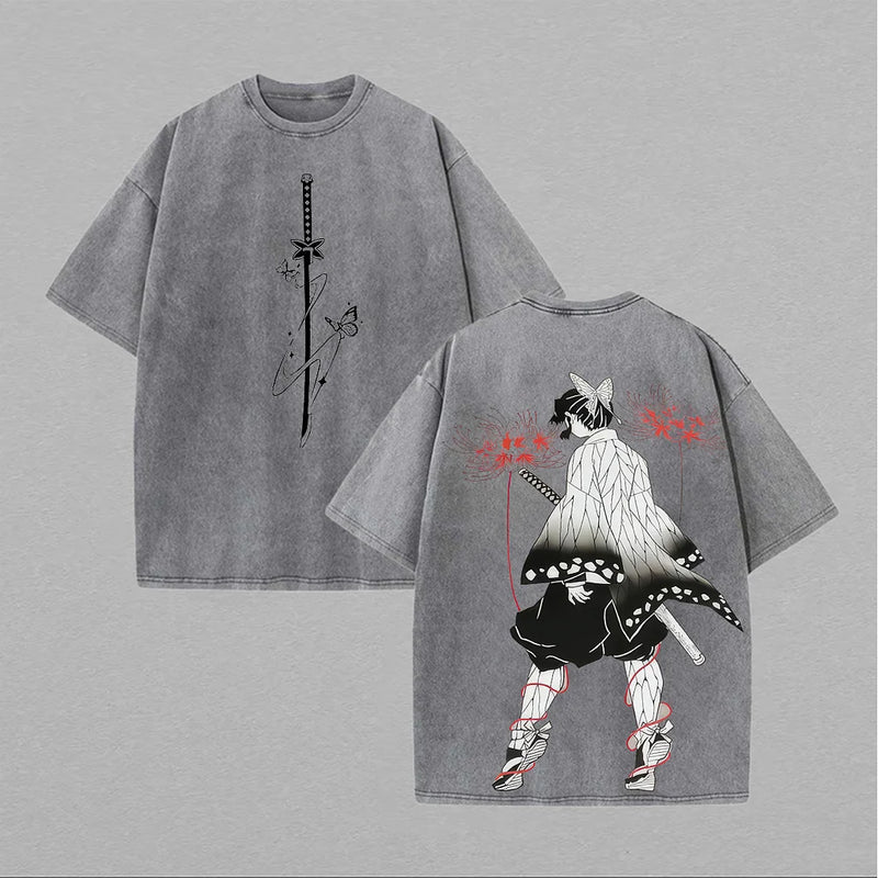 Camiseta Oversized Demon Slayer Kochou Shinobu Estilo Vintage Manga Unissex
