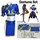 Street Fighter Chun-Li Cosplay Costume – Vestido Azul com Acessórios Feminino