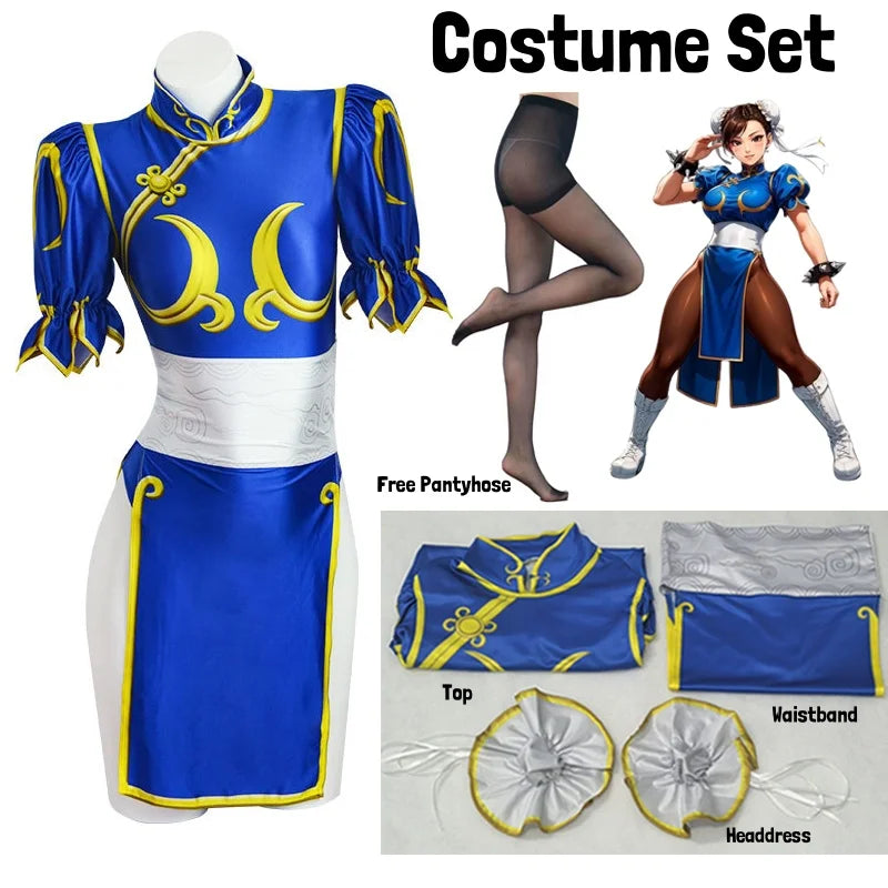 Street Fighter Chun-Li Cosplay Costume – Vestido Azul com Acessórios Feminino