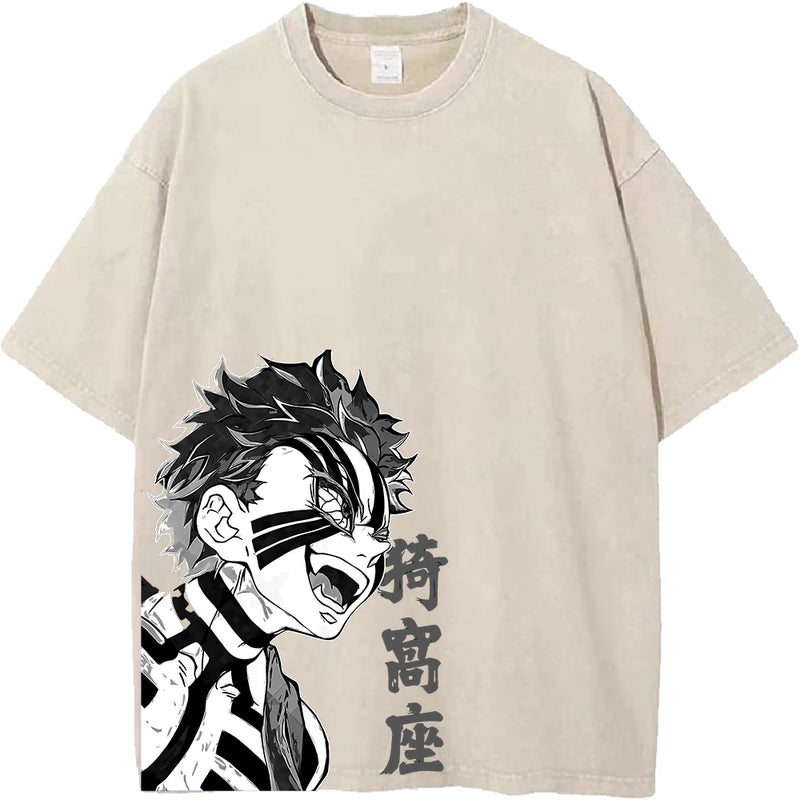 Camiseta Oversized Demon Slayer Akaza Estilo Vintage Manga Unissex