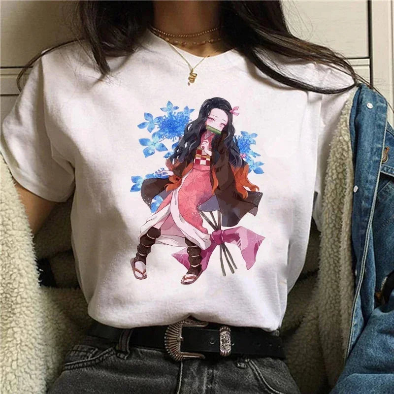 Camiseta Feminina Demon Slayer Nezuko & Tanjirou Estilo Manga Anime