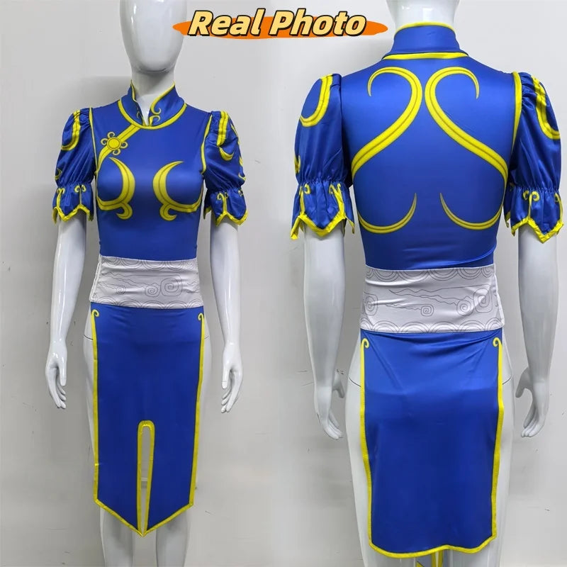 Street Fighter Chun-Li Cosplay Costume – Vestido Azul com Acessórios Feminino