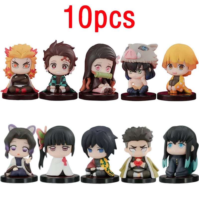 Demon Slayer Figure Set – 10pcs Q Version Sitting Figures, PVC Colecionável