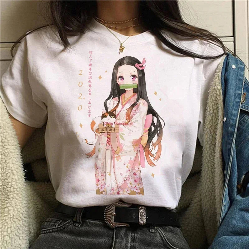 Camiseta Feminina Demon Slayer Nezuko & Tanjirou Estilo Manga Anime
