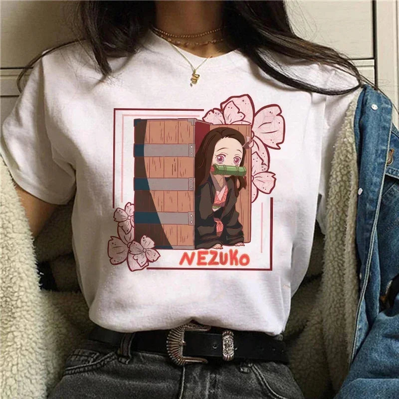 Camiseta Feminina Demon Slayer Nezuko & Tanjirou Estilo Manga Anime