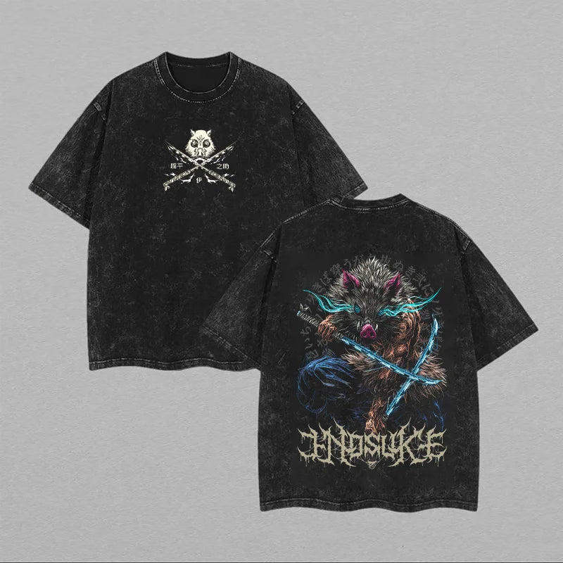 Camiseta Oversized Demon Slayer Inosuke Estilo Vintage Manga Unissex