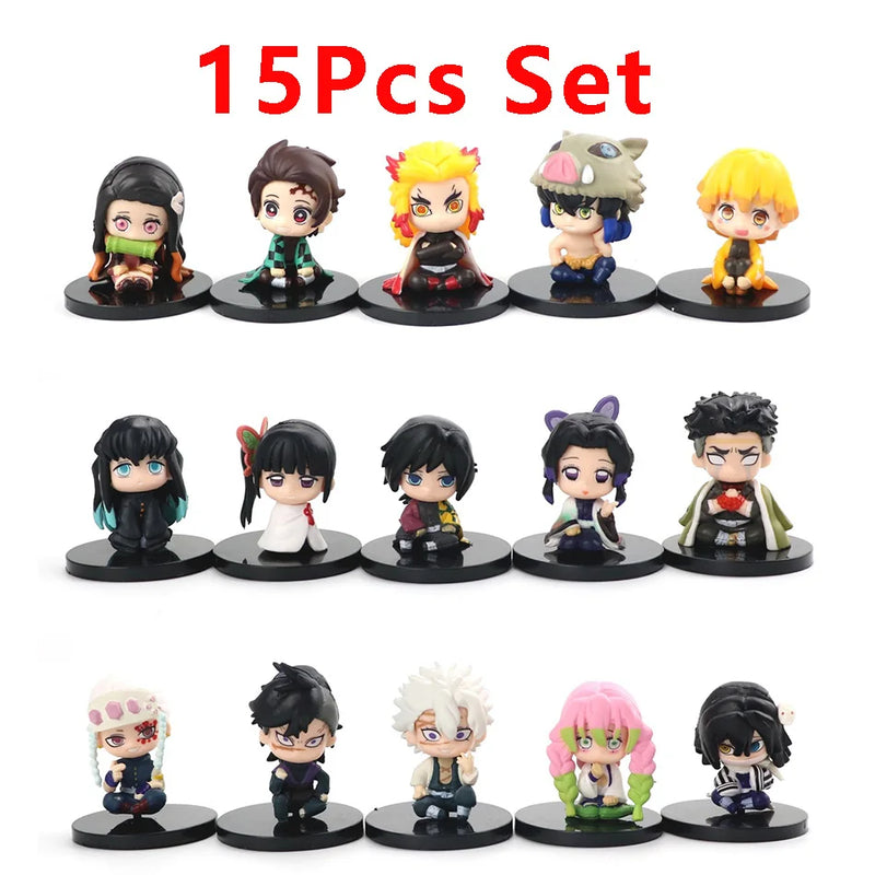Demon Slayer Figure Set – 15pcs Q Version Sitting Figures, PVC Colecionável